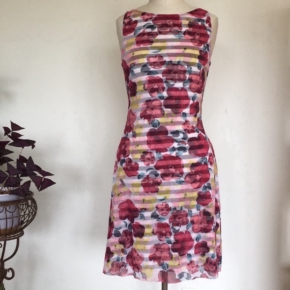 Weston Wear dress, two layers, mesh floral fabric over knit striped fabric S